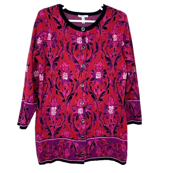 Issac Mizrahi Live Womens 1X Cardigan Sweater Red Black Paisley Duster Holiday - Picture 1 of 15